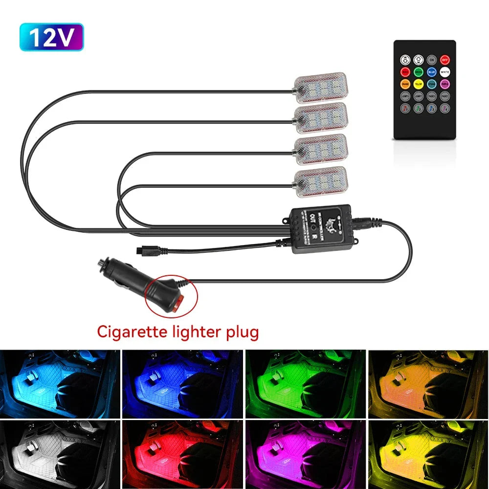 LED Car Interior Ambient Lights Kit - RGB Foot Strip Lighting with Remote & App Music Control
