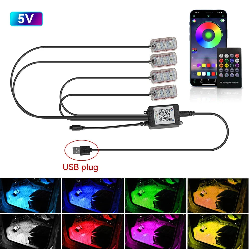 LED Car Interior Ambient Lights Kit - RGB Foot Strip Lighting with Remote & App Music Control