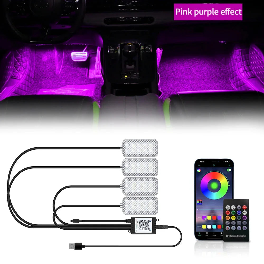 LED Car Interior Ambient Lights Kit - RGB Foot Strip Lighting with Remote & App Music Control