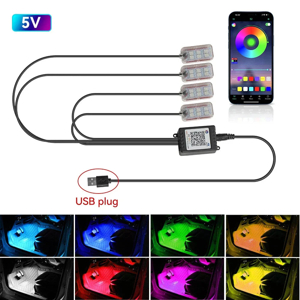 LED Car Interior Ambient Lights Kit - RGB Foot Strip Lighting with Remote & App Music Control