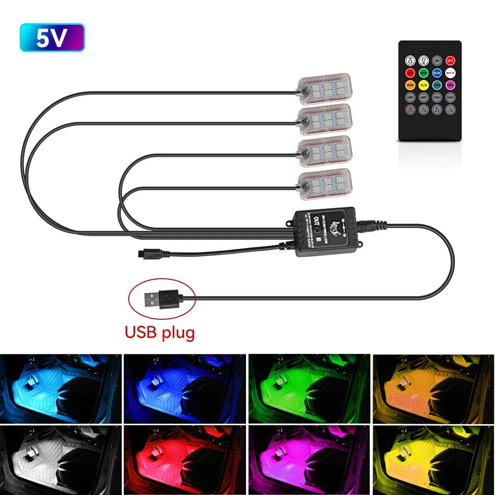 LED Car Interior Ambient Lights Kit - RGB Foot Strip Lighting with Remote & App Music Control
