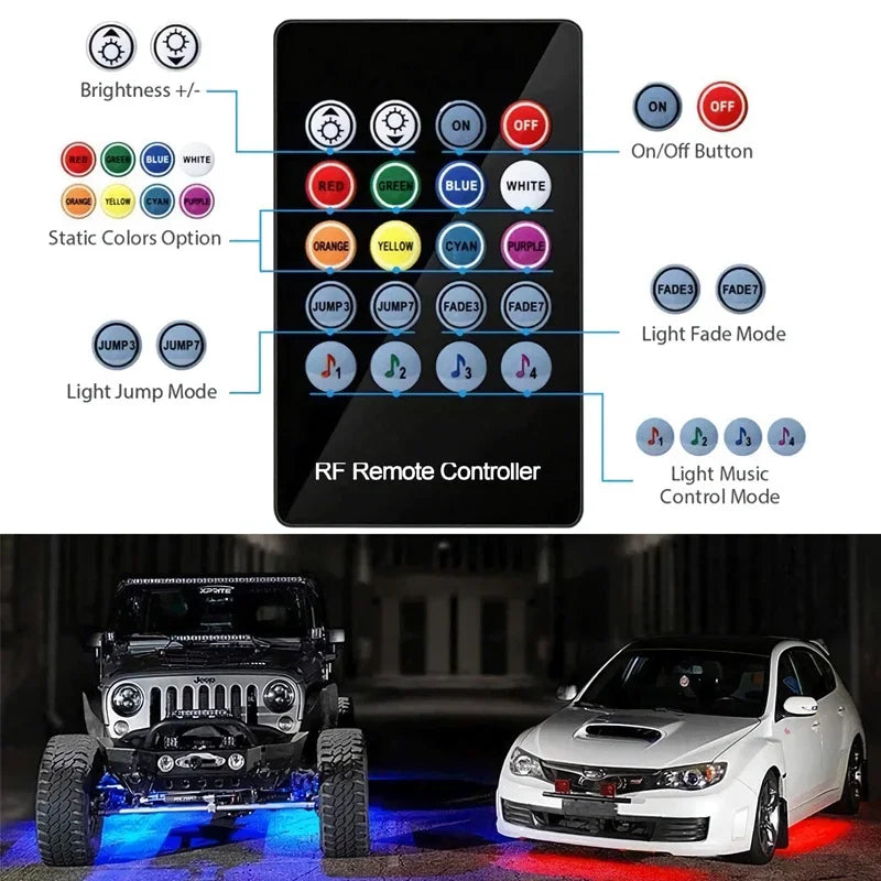 Car Underglow Neon Light Flexible LED Strip Underbody Remote/APP Control RGB Dream Color Auto Decorative Ambient Atmosphere Lamp